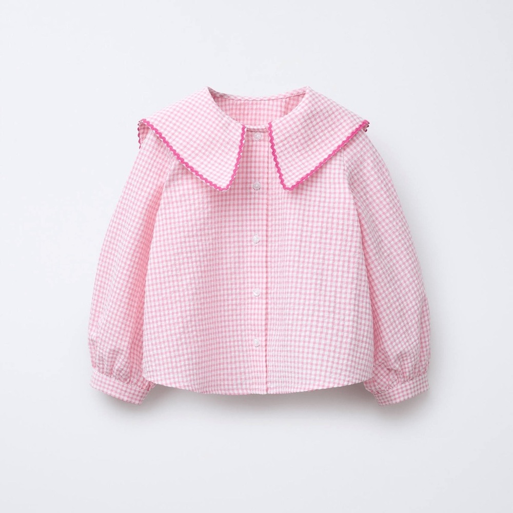 Zara Girls Pink Gingham Button-Up Blouse with Peter Pan Collar - Size 5